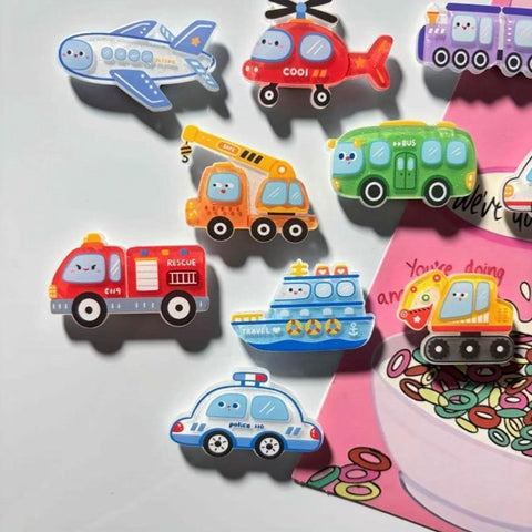 10 pcs Cartoon Vehicle Fridge Magnets Set / Vehicle Sticker Set – Airplane, Ship, Digger Decor Magnets for Home, Birthday Gift-- New Arrival